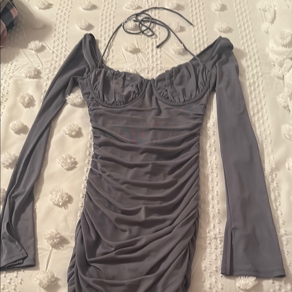 Steel blue ruched mini dress